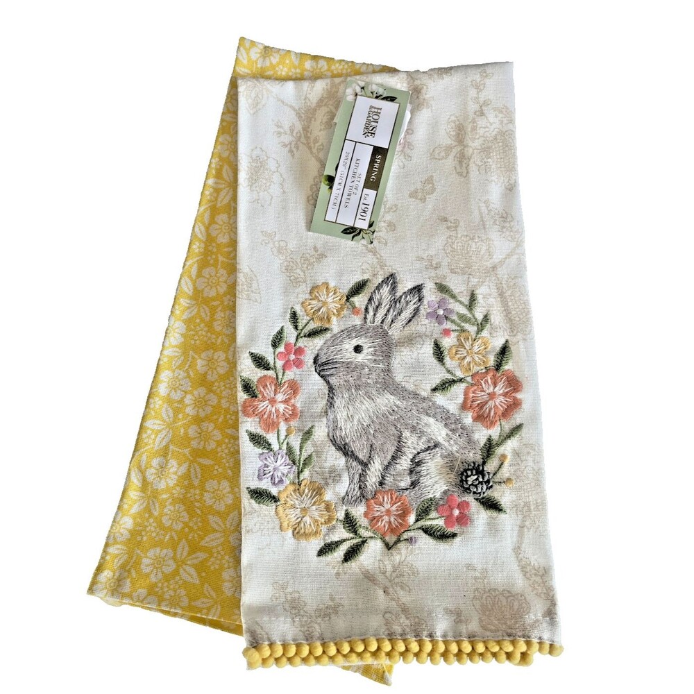 House & Garden Easter Bunny Kitchen Towels Set of 2 Embroidered Cotton Spring
